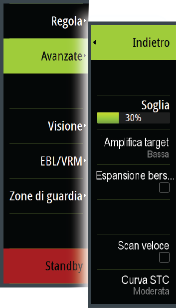 Opzioni avanzate del radar Soglia radar La soglia imposta l'intensità del segnale richiesta per i segnali radar più deboli.