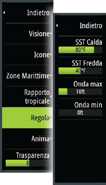 Indicazione delle onde Per indicare l'altezza delle onde prevista si utilizzano i colori. L'altezza massima delle onde è indicata in rosso scuro, l'altezza minima in blu.