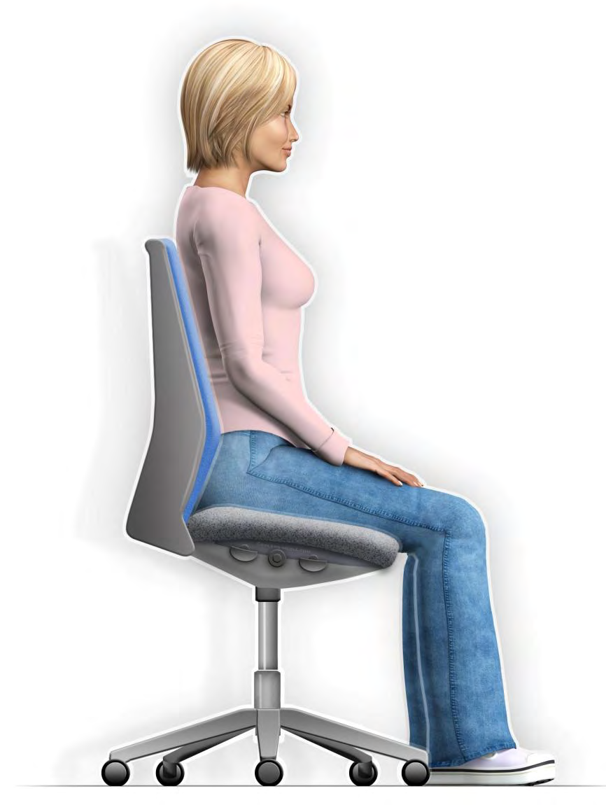 Regolare la sedia Altezza della sedia e profondità del sedile: Le ginocchia e il busto formano ciascuno un angolo maggiore di 90 gradi