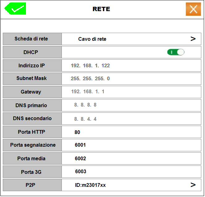 Tuttavia è possibile personalizzare la configurazione di rete accedendo al menù RETE. Ogni dispositivo è preregistrato tramite un seriale al server Cloud P2P http://lifevideocontrollo.