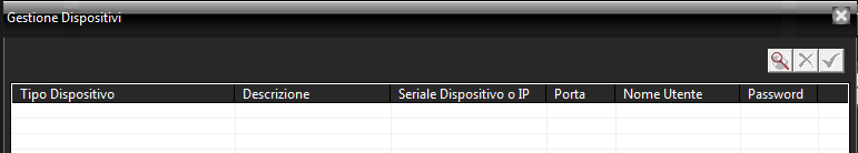 Collegamento dispositivi in rete locale (Videoregistratori e/o Telecamere IP) Per aggiungere un dispositivo cliccare sul pulsante si aprirà la finestra di gestione degli apparecchi remoti : Quindi