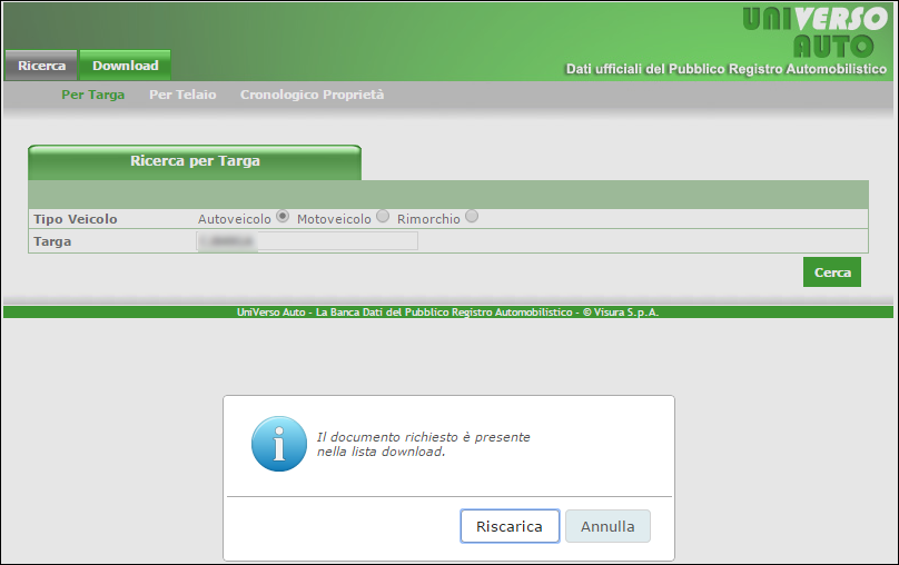 Si sottolinea che, cliccando su Riscarica, la visura per targa sarà nuovamente scaricata con