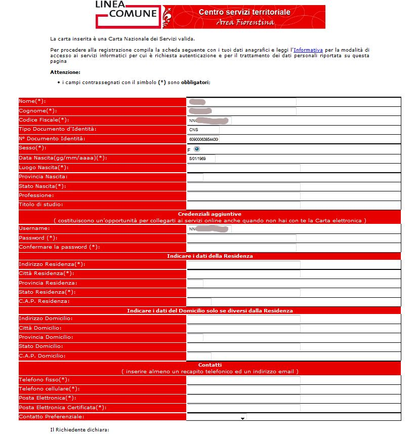 All accesso alla pagina viene richiesta l esecuzione dell applet Java di lettura dati da smart card, è necessario aver installato la componente Java sul proprio personal computer (http://www.java.