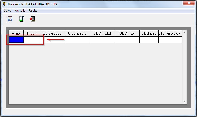 Apparirà la seguente maschera con le colonne Anno e Progr vuote Inserire in: Anno il
