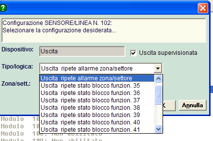 Per quanto riguarda i moduli di uscita, facendo doppio click sull indirizzo di un modulo di uscita apparirà la finestra: L opzione Uscita ripete allarme zona consente di attivare il modulo nel caso