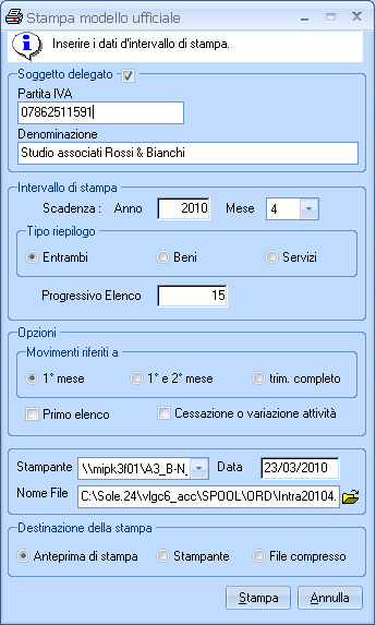 Nella finestra di dialogo sono presenti le sezioni: Soggetto delegato, Intervallo e Destinazione.