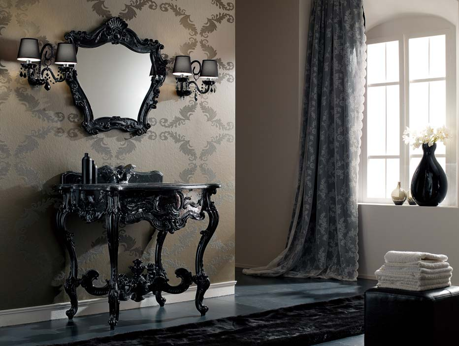 murano laccato nero lucido Mobile e specchiera in legno intagliato a mano finitura laccato nero lucido Piano in marmo nero