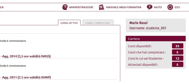 Elenco dei corsi Nell'area 1 è possibile visualizzare due categorie di corsi: a) "Corsi attivi" (A), comprende tutti quelli da iniziare o in fase di svolgimento.