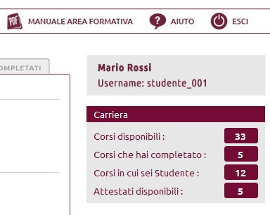 La Carriera Nel pannello di destra (area 2) viene mostrata una panoramica della carriera dell'utente: i suoi dati (nome, cognome e username) il numero dei corsi a cui è iscritto, quelli