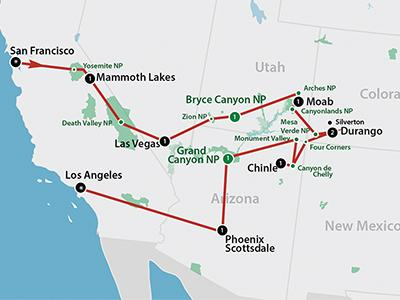 Southwestern Panoramas IN QUESTO VIAGGIO San Francisco Yosemite NP Death Valley NP Las Vegas Zion NP Bryce Canyon NP Capitol Reef NP Canyonlands Arches NP Mesa Verde NP Cumbres & Toltec Scenic