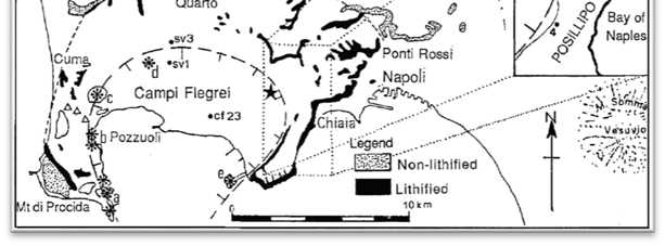 Figura 18: Distribuzione dei prodotti del Tufo Giallo Napoletano nell'area napoletana ( da Scarpati et alii, 1993) Analizzando la stratigrafia del Tufo Giallo Napoletano, sulla base di