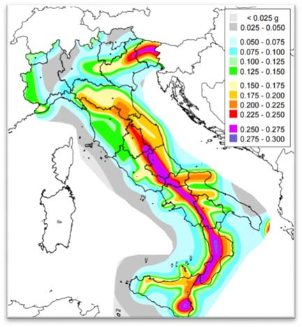 Nel 2004 è stata rilasciata la mappa di pericolosità sismica per l intero territorio nazionale (Figura 42), espressa in termini di accelerazione orizzontale del suolo con probabilità di eccedenza del