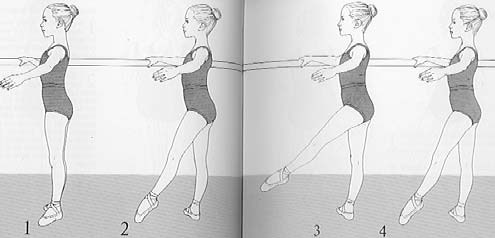 2 : Portare il piede in avanti come è stato descritto per la 2 posizione tenendo il tallone della gamba che lavora nella stessa linea della 1 posizione.