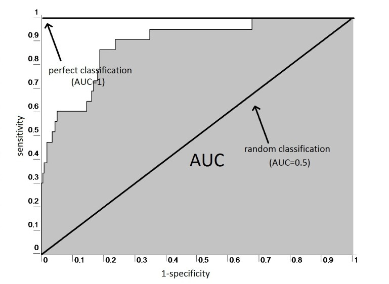 Area sotto la curva ROC Un indicatore molto utilizzato della bontà del test diagnostico è costituito dall area sottesa alla curva ROC (AUC = Area Under the Roc Curve).