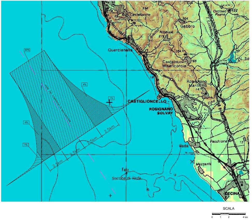 Ai fini dell urto di imbarcazioni contro il pontile sono stati considerati significativi solamente i transiti che avvengono, mediamente, ad una distanza dalla costa di 3,5 miglia in corrispondenza