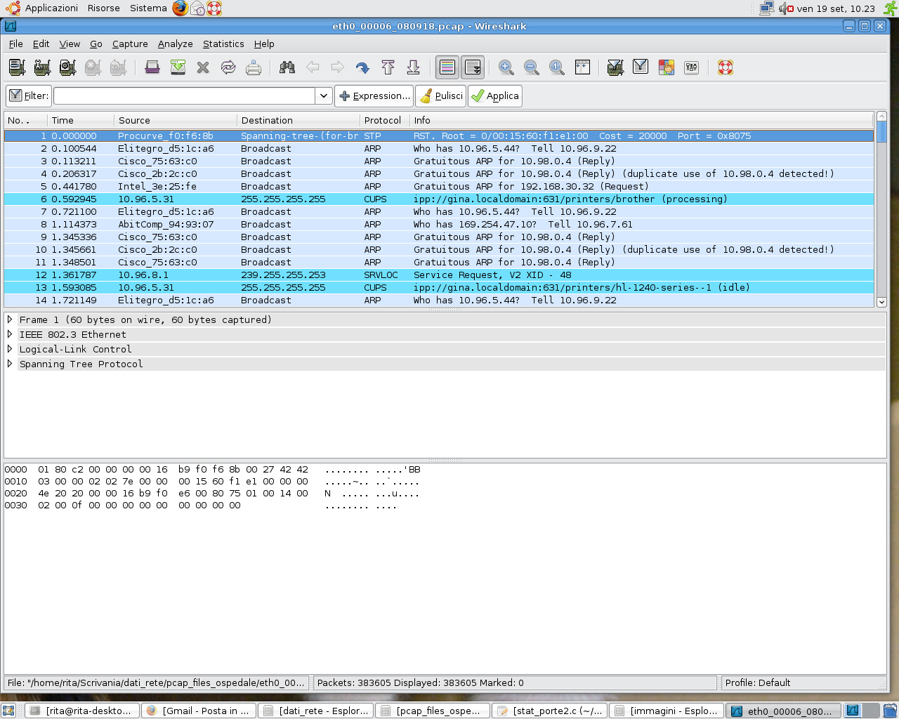 Analisi del traffico di rete 19 Infine le persone possono usarlo per imparare la struttura interna dei protocolli stessi. Figura 1.5. Screenshot di Wireshark 1.3.