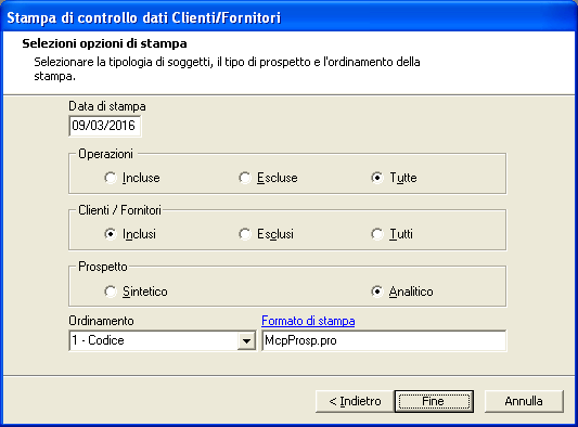 se ordinare i soggetti per codice, per codice fiscale, per partita IVA o per cognome/ragione sociale; il formato da utilizzare per la stampa.