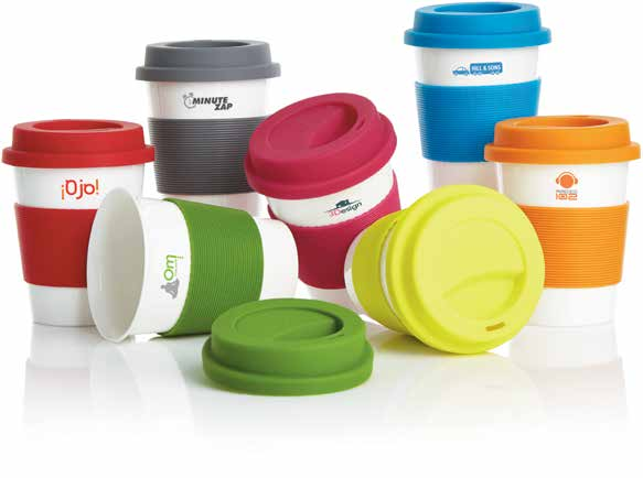 Tazza da 350 ml con impugnatura e tappo in silicone. Composta da materiale biodegradabile PLA al 00%. Senza BPA. Va in lavatrice.