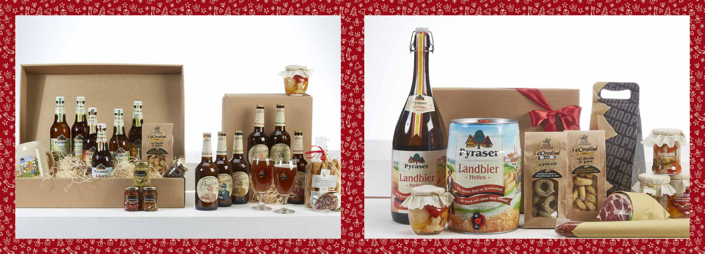 17A) SCATOLA BIRRA PYRASER Scatola Regalo, Pyraser ass. cl. 50, Manicata in ceramica, Taralli gr. 250 Fiore di Puglia, Creme ass. gr. 100 Agromonte o Copes 17B) SCATOLA BIRRA MORETTI LE REGIONALI Scatola Regalo, Moretti Regionali ass.