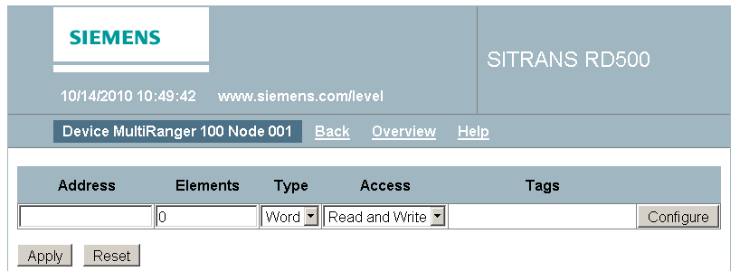 3. Fare clic sulla casella per attivare il primo Log. Digitare un Nome (p.e. LevelLog), definire l'intervallo e fare clic su Apply. (Appare una seconda entrata log, sotto la prima.