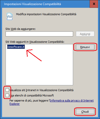 Rimuovere dall elenco dei siti web aggiunti in Visualizzazione compatibilità il sito icesoftware.it : click su icesoftware.