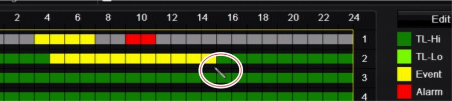 Capitolo 12: Registrazione Definizione di una programmazione nella finestra Programmazione registrazione Per configurare una programmazione di registrazione giornaliera: 1. Selezionare una telecamera.