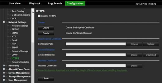 Capitolo 18: Utilizzo del browser Web Figura 36: Schermata di configurazione HTTPS Per creare un certificato: 1. Andare alla sezione Configurazione > Impostazioni di rete > HTTPS del browser. 2.