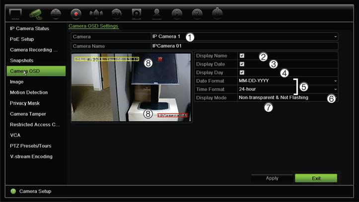 Capitolo 10: Configurazione della telecamera Per configurare le impostazioni OSD: 1. Dalla barra degli strumenti del menu, fare clic su Configurazione telecamera > OSD telecamera. 2.