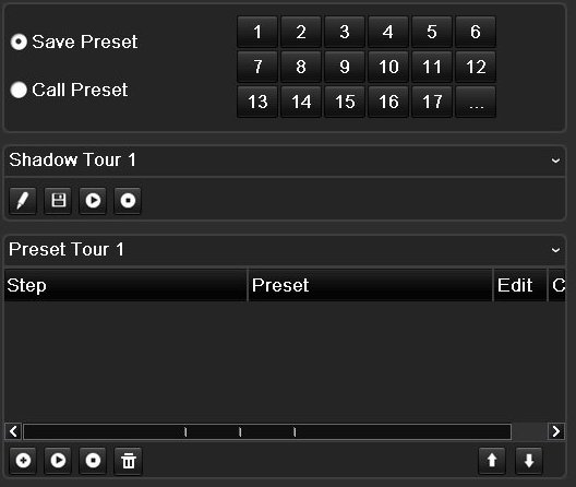 Capitolo 10: Configurazione della telecamera 5. Dalla barra degli strumenti dei preset tour, fare clic su per richiamare il preset tour. 6. Fare clic su Esci per tornare alla visualizzazione live.