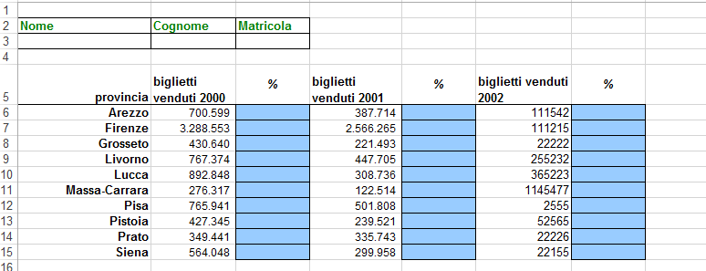 EXCEL (utilizzare il file esameb.