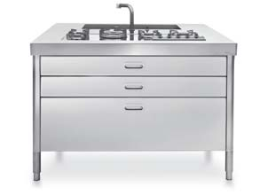 Top inox, lavello ad incasso, piano cottura ribaltabile ad induzione, carrello sotto top.