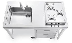 Stainless steel countertop with integrated sink, stainless steel drawers on both sides.