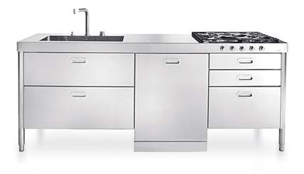 drawer. Top in Corian, sei cassetti inox. Corian countertop, six stainless steel drawers.