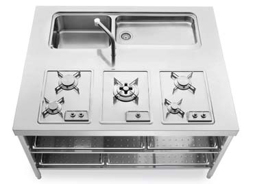 Stainless steel countertop with integrated sink, three built-in hobs, stainless steel