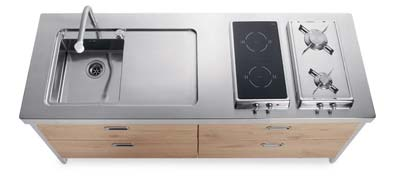 Stainless steel countertop with integrated sink, hob with Top in Corian con vasca ad incasso,