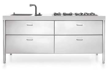 Four stainless steel drawers.