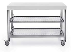 Corian countertop, three stainless steel drawers.