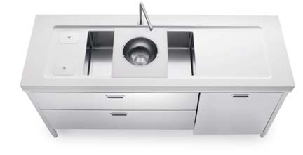 Undermounted sink, Corian countertop, two stainless steel doors and drawers, separated waste disposal system.