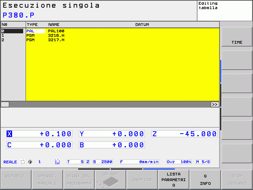 Esecuzione di file pallet Nel parametro macchina si definisce se la tabella pallet deve essere eseguita blocco per blocco o in continuo.