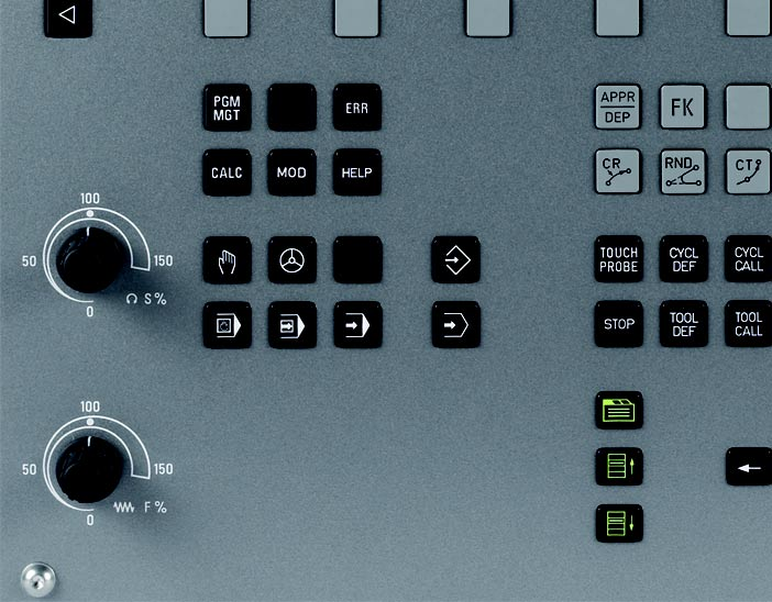 Modifica giri mandrino e avanzamento Con le manopole dei potenziometri di regolazione per numero di giri del mandrino S e avanzamento F, è possibile modificare il valore impostato tra 0% e 150%.