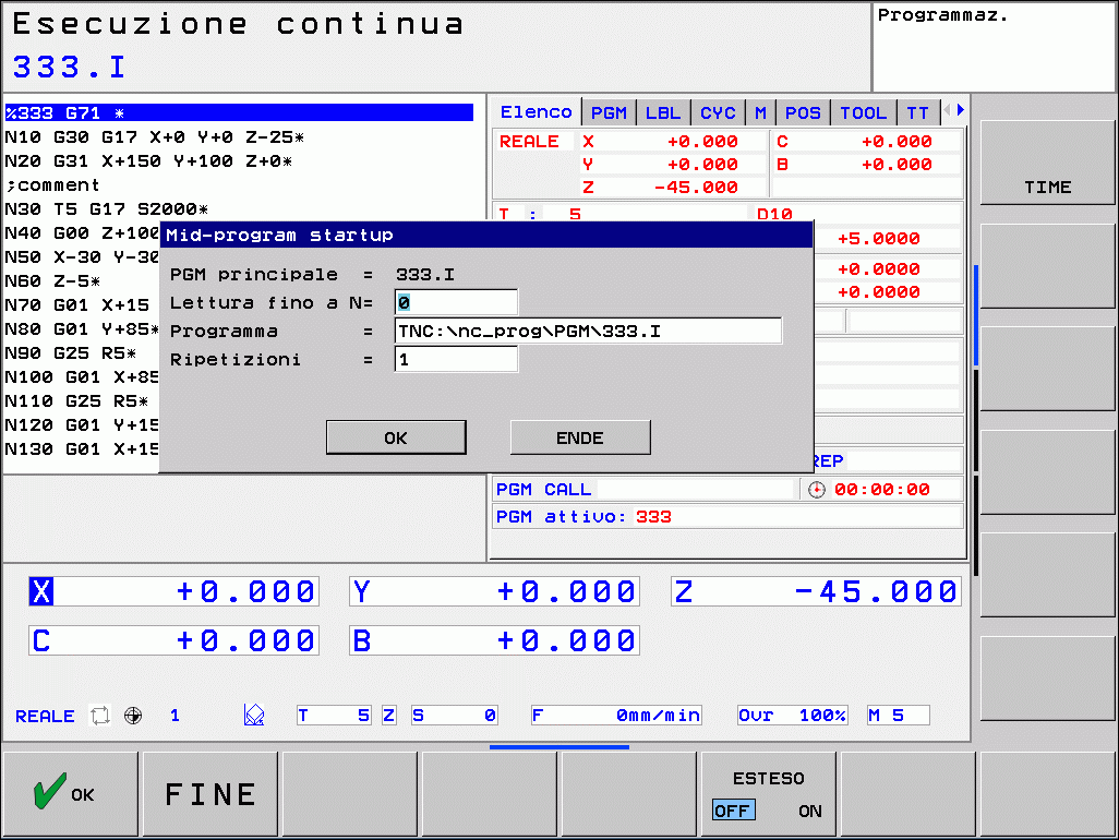 15.5 Esecuzione programma Rientro nel programma ad un numero di blocco qualsiasi (lettura blocchi) La funzione RIPOSIZ. A BLOCCO N deve essere consentita e adattata dal costruttore della macchina.