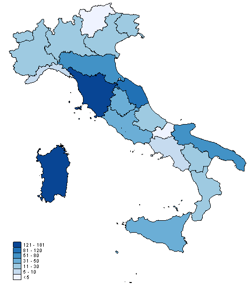 22 e dalla Puglia. Le Regioni in cui si ritrova con minor incidenza sono la Campania, il Friuli, la Liguria e il Molise (figura 8). Figura 8.