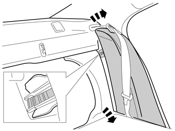 10 Abbassare lo schienale in avanti. Estrarre la cintura di sicurezza dalla guida (1) sull'imbottitura laterale.