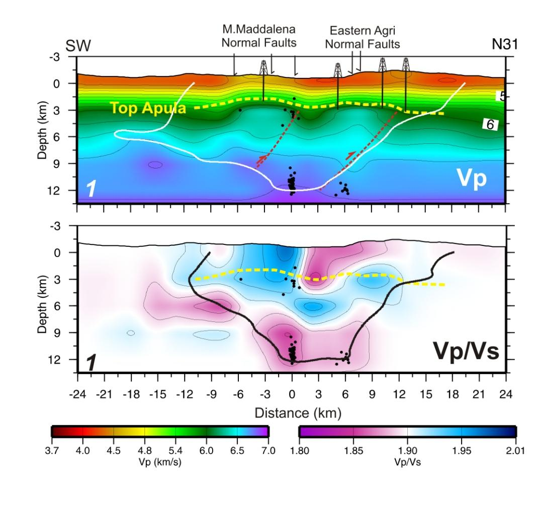 Tomografia Sismica con Terremoti Locali e Localizzazioni 3-D Risultati: - Modello 3-D: importanti variazioni laterali di velocità delle onde P (Vp).