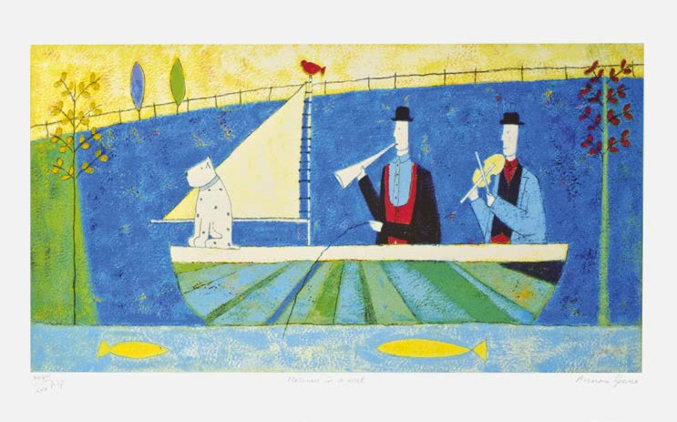 31 Annora Spence Cardigan 1963 Musicians in a boat Silografia a colori cm 27,8 x 52 la composizione cm 45,5 x 67 il