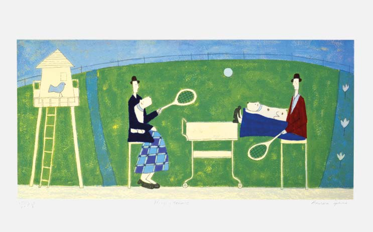 33 Annora Spence Cardigan 1963 Playing tennis Silografia a colori cm 24,8 x 52 la composizione cm 42,5 x 67,5 il foglio