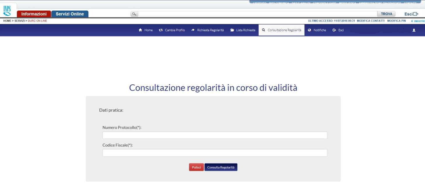 Schermata 5 L utente seleziona Consultazione regolarità, inserisce il codice fiscale del soggetto di cui deve verificare la regolarità contributiva (se inserisce un codice fiscale formalmente errato