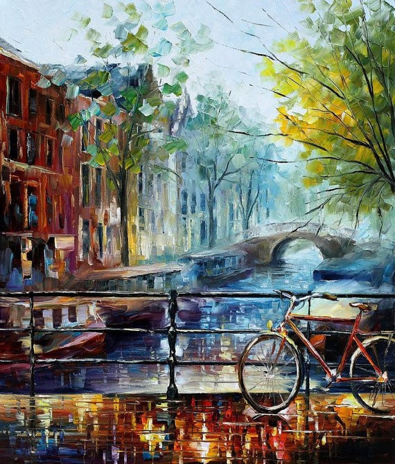Bicicletta ad Amsterdam Quadro di Leonid Afremov Pittura ad olio su tela.