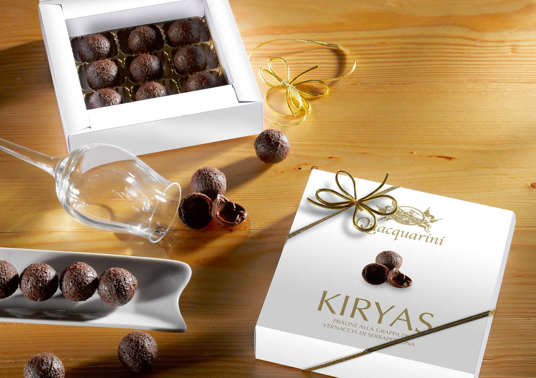 il Cioccolato LE KIRYAS Sfere di purissimo cioccolato fondente che racchiudono un cuore liquido di sola Grappa di vinacce passite di Vernaccia di Serrapetrona DOCG.