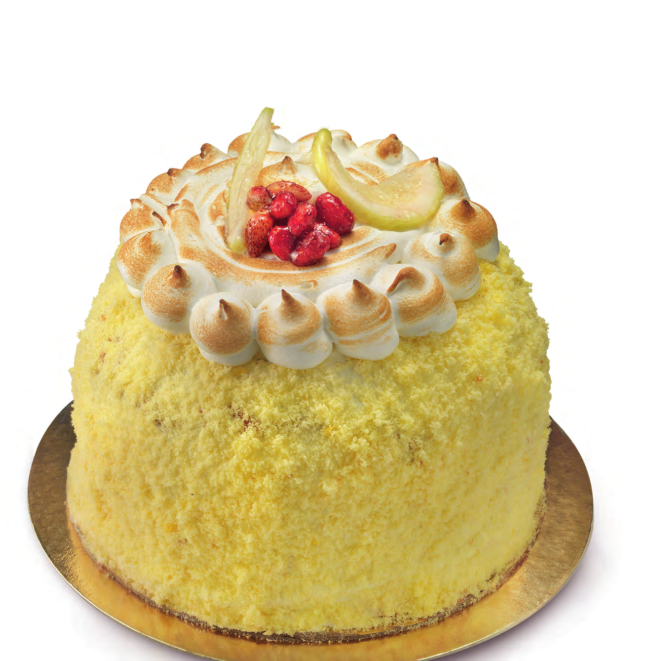Profumo d Amalfi Panettone a lievitazione naturale (36 ore) con limoncello e crema di limone, decorato con un cappello di meringhe flambate e delicate fragoline.